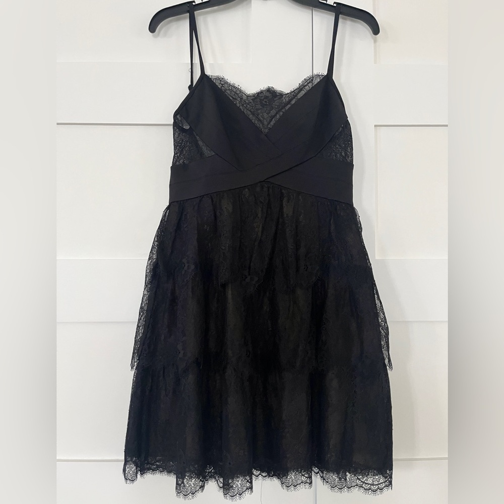 BCBG black mini dress lace with low back and tiered skirt size M